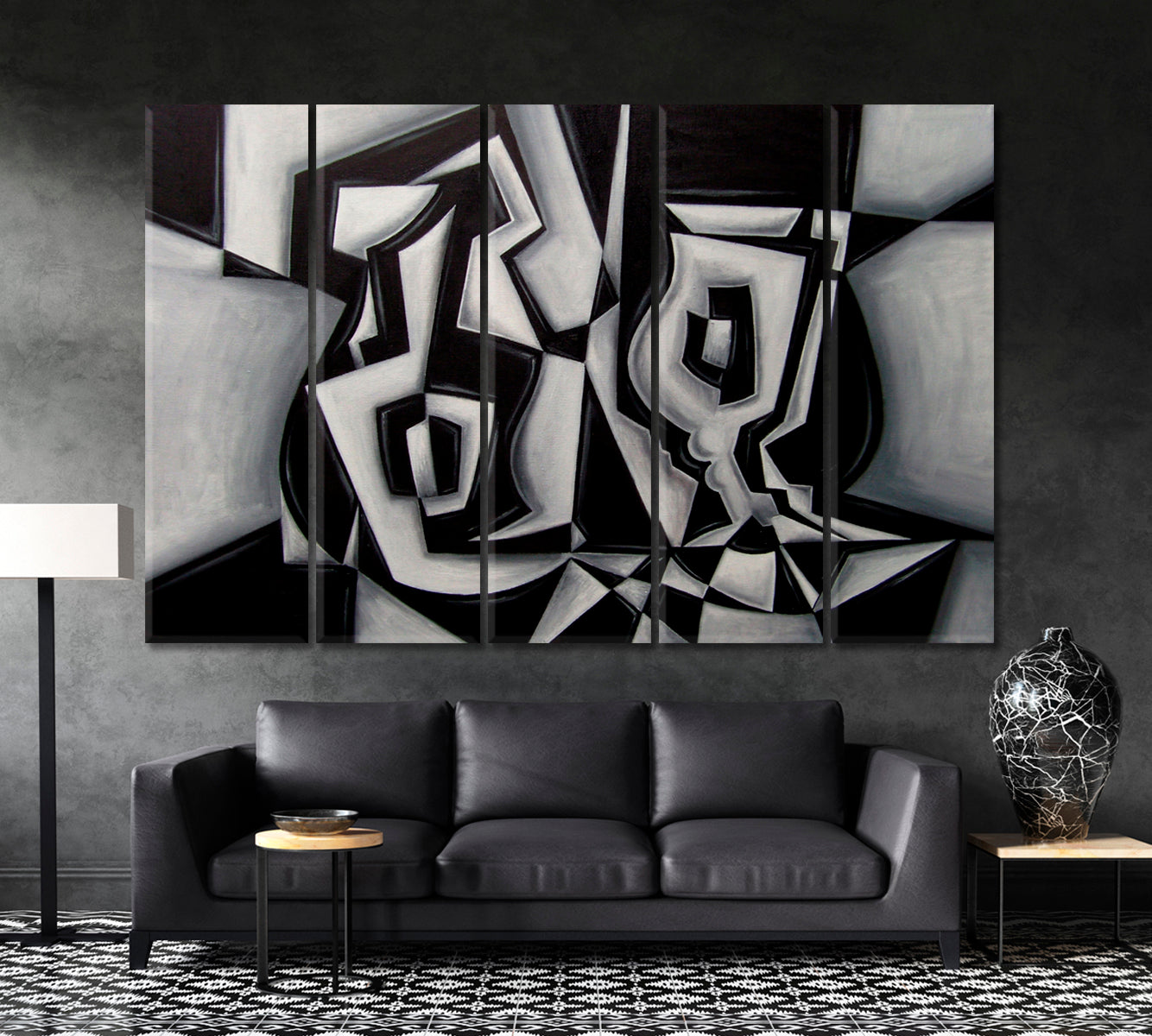 Cubism Style Abstract Black White Glass Bottle Cubist Trendy Large Art Print Artesty 5 panels 36" x 24" 