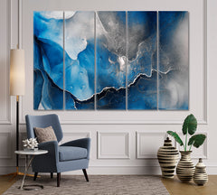 ABSTRACT SKY Translucent Dark Blue Ink Flow Black Gray Marble Veins Fluid Art, Oriental Marbling Canvas Print Artesty 5 panels 36" x 24" 