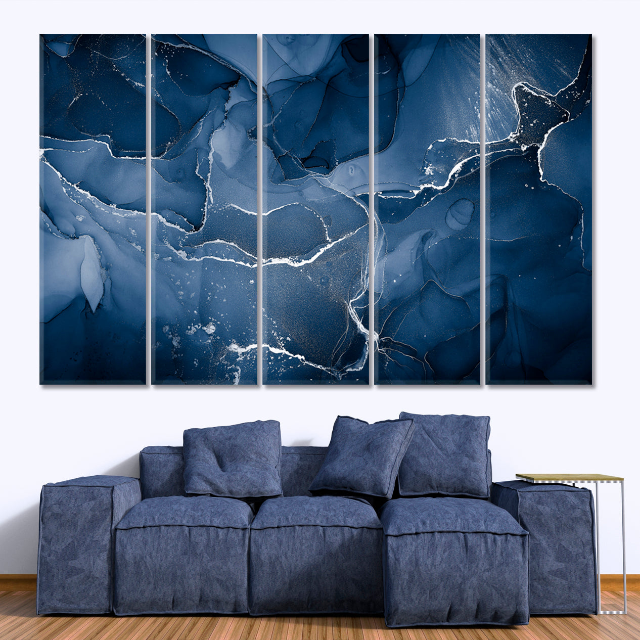 Beautiful Dark Blue Trendy Ink Translucent Marble Veining Powder Fluid Art, Oriental Marbling Canvas Print Artesty 5 panels 36" x 24" 