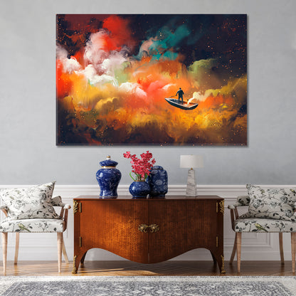 Surreal Dreamlike Man on Boat Outer Space Colorful Clouds Surreal Fantasy Large Art Print Décor Artesty   