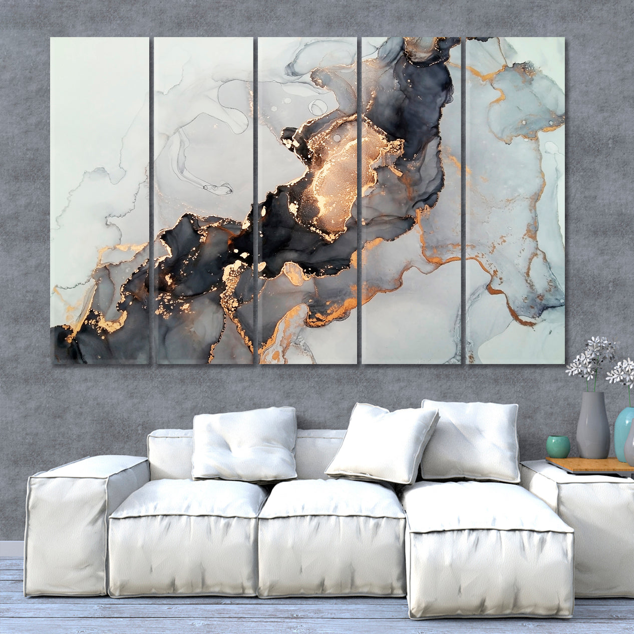 Luxury Abstract Fluid Art Alcohol Ink Technique Black Gold Effect Canvas Print Fluid Art, Oriental Marbling Canvas Print Artesty   