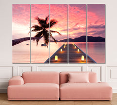 Romantic Pink Sunset Jetty Tropical Beach Picturesque Landscape Scenery Landscape Fine Art Print Artesty 5 panels 36" x 24" 