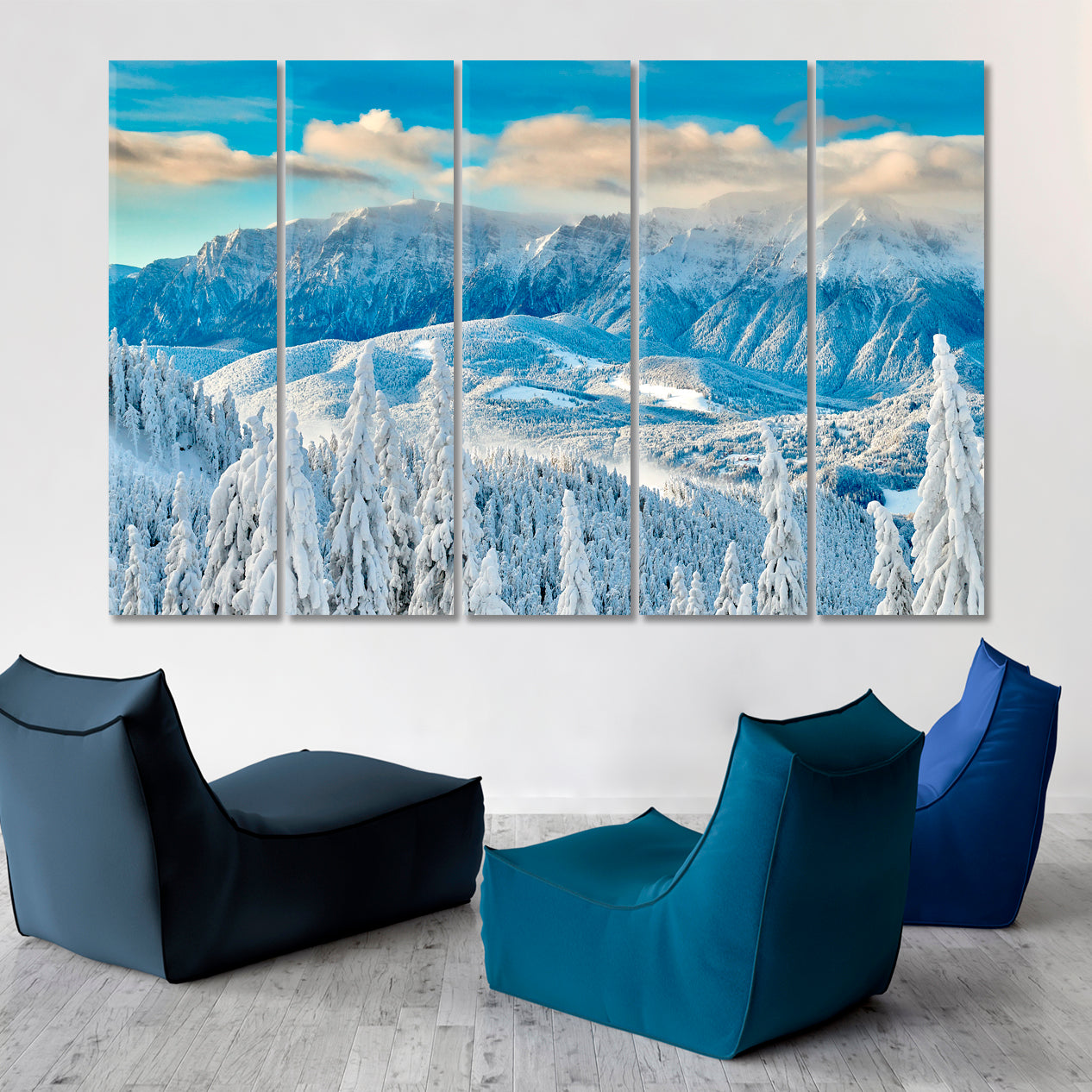 Mountain Winter Landscape Over The Ski Slope Panoramic View Poster Scenery Landscape Fine Art Print Artesty 5 panels 36" x 24" 