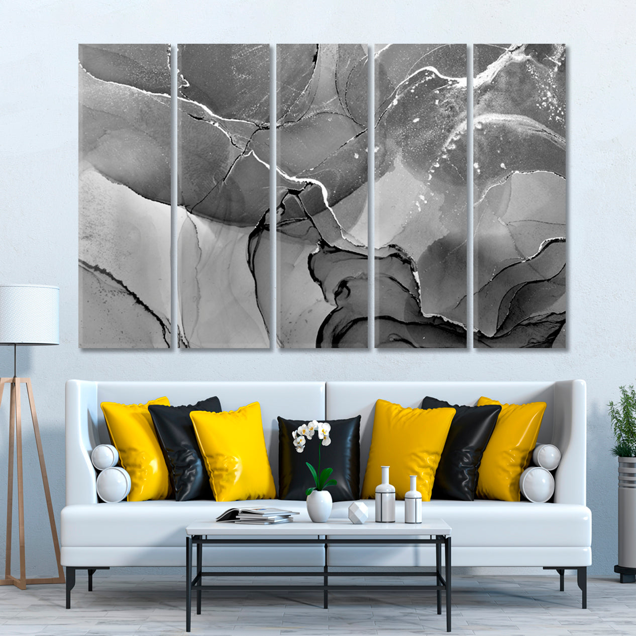 Mixing Acrylic Paints Modern Marble Black And White Fluid Art, Oriental Marbling Canvas Print Artesty 5 panels 36" x 24" 