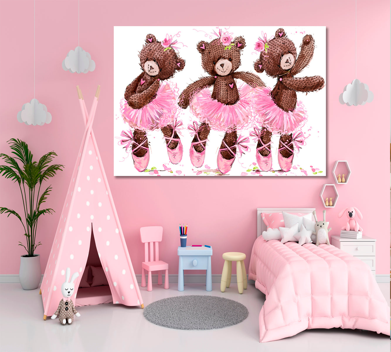 Kids Room Nursery Concept Cute Teddy Bear Sweet Cartoon Ballerina Canvas Print Kids Room Canvas Art Print Artesty   