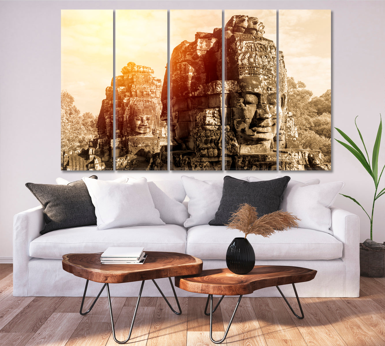 Ancient Bayon Castle Angkor Thom Cambodia Vintage Style Canvas Print Religious Modern Art Artesty 5 panels 36" x 24" 