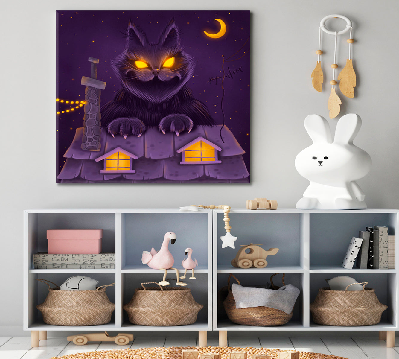 FAIRY TALE Huge Fairy Yule Cat Dreamlike Surreal Kid's Art Canvas Print | Square Panel Kids Room Canvas Art Print Artesty   