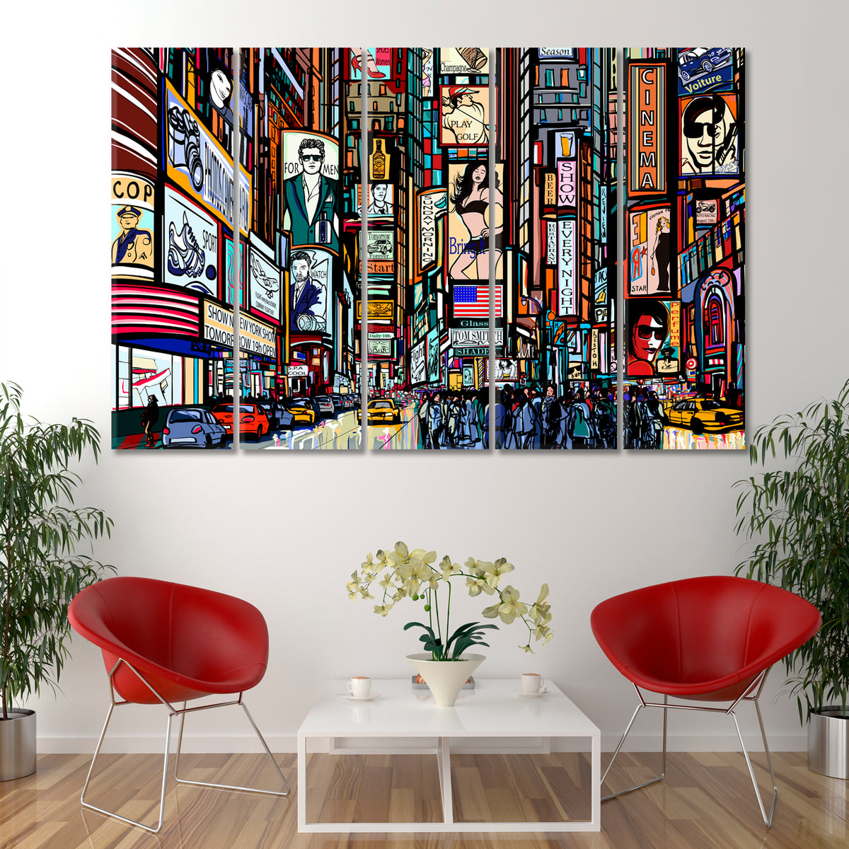 URBAN New York City Street Time Square Abstract Modern Style Abstract Art Print Artesty 5 panels 36" x 24" 