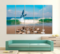 DOLPHINS | Dolphins Group Jumping Sea Wave Beautiful Seascape Blue Sky Canvas Print Nautical, Sea Life Pattern Art Artesty 5 panels 36" x 24" 