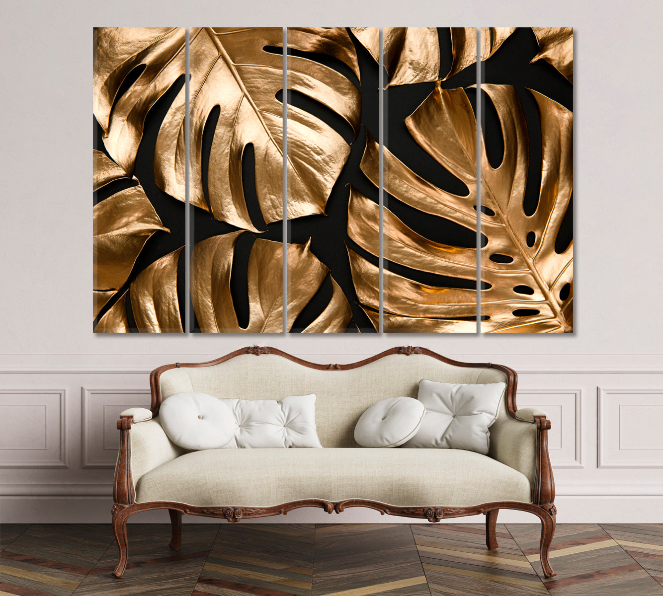 Golden And Black Tropical Leaves Trendy Luxury Floral Design Pattern Tropical, Exotic Art Print Artesty 5 panels 36" x 24" 