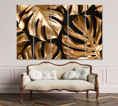 Golden And Black Tropical Leaves Trendy Luxury Floral Design Pattern Tropical, Exotic Art Print Artesty 5 panels 36" x 24" 