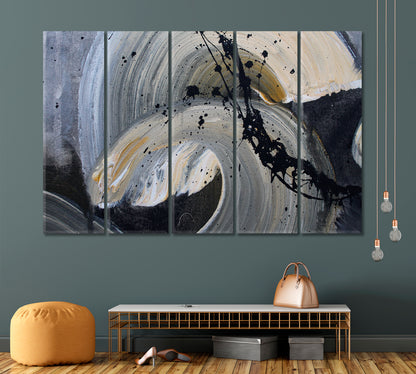 Black Splash Modern Abstract Brush Strokes Reliefs Grunge Artwork Contemporary Art Artesty 5 panels 36" x 24" 