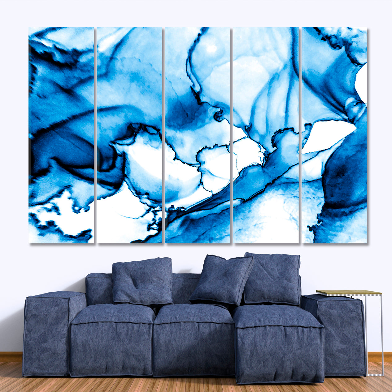 Alcohol Ink Smears Clouds Macro Indigo Blue Marble Winter Tones Fluid Art, Oriental Marbling Canvas Print Artesty 5 panels 36" x 24" 