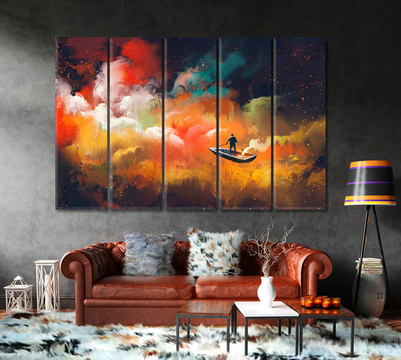 Surreal Dreamlike Man on Boat Outer Space Colorful Clouds Surreal Fantasy Large Art Print Décor Artesty 5 panels 36" x 24" 