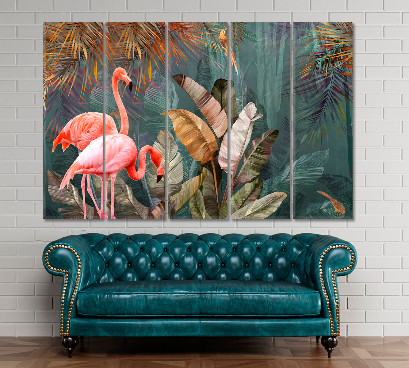 Flamingo And Tropical Jungle Rainforest Pattern Poster Tropical, Exotic Art Print Artesty 5 panels 36" x 24" 