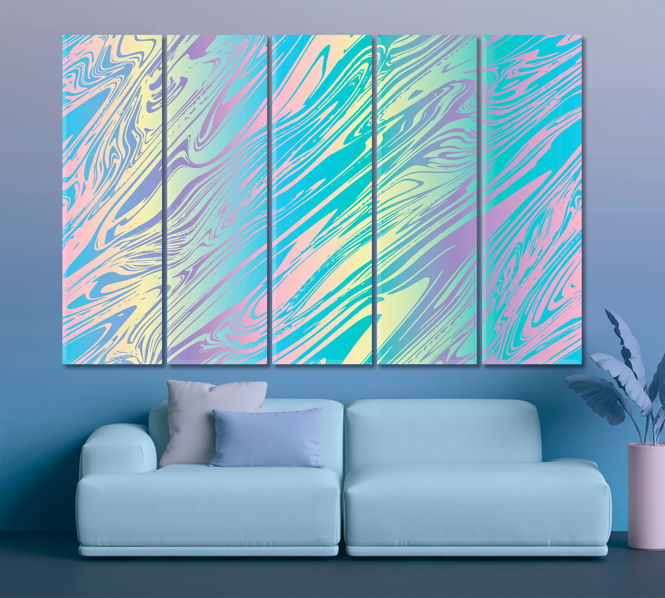 Light Blue Mint Yellow Pink Purple Holographic Pearlized Liquid Marble Fluid Art, Oriental Marbling Canvas Print Artesty 5 panels 36" x 24" 