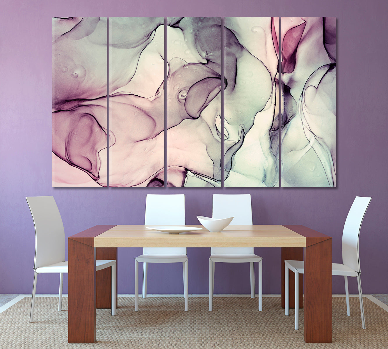 Ink In Water Abstract Lavender Pale Lilac & Green Olive Marble Pattern Fluid Art, Oriental Marbling Canvas Print Artesty 5 panels 36" x 24" 
