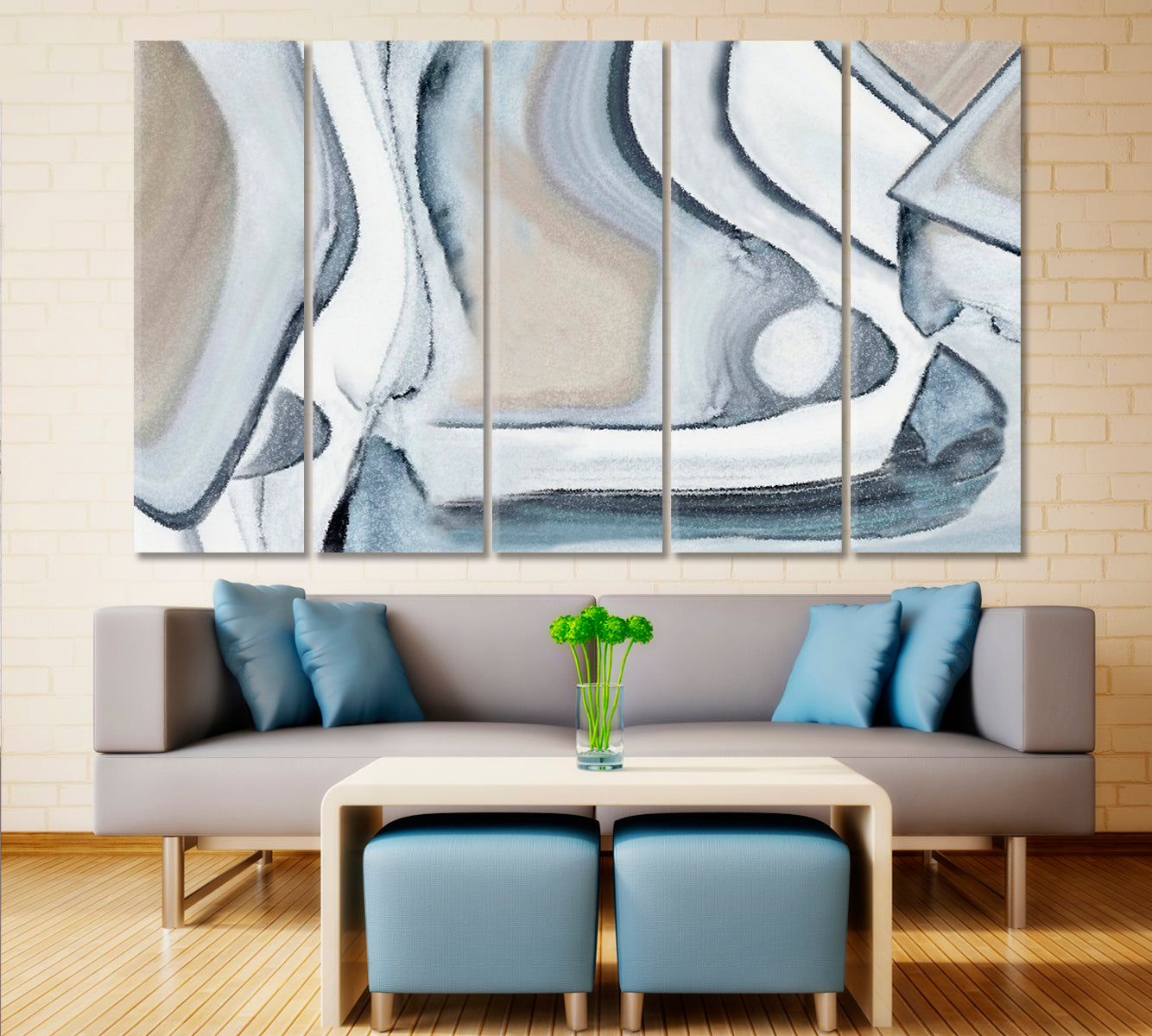 Beige White Blue Soft Tones Figurative Geometric Modern Abstract Art Contemporary Art Artesty 5 panels 36" x 24" 