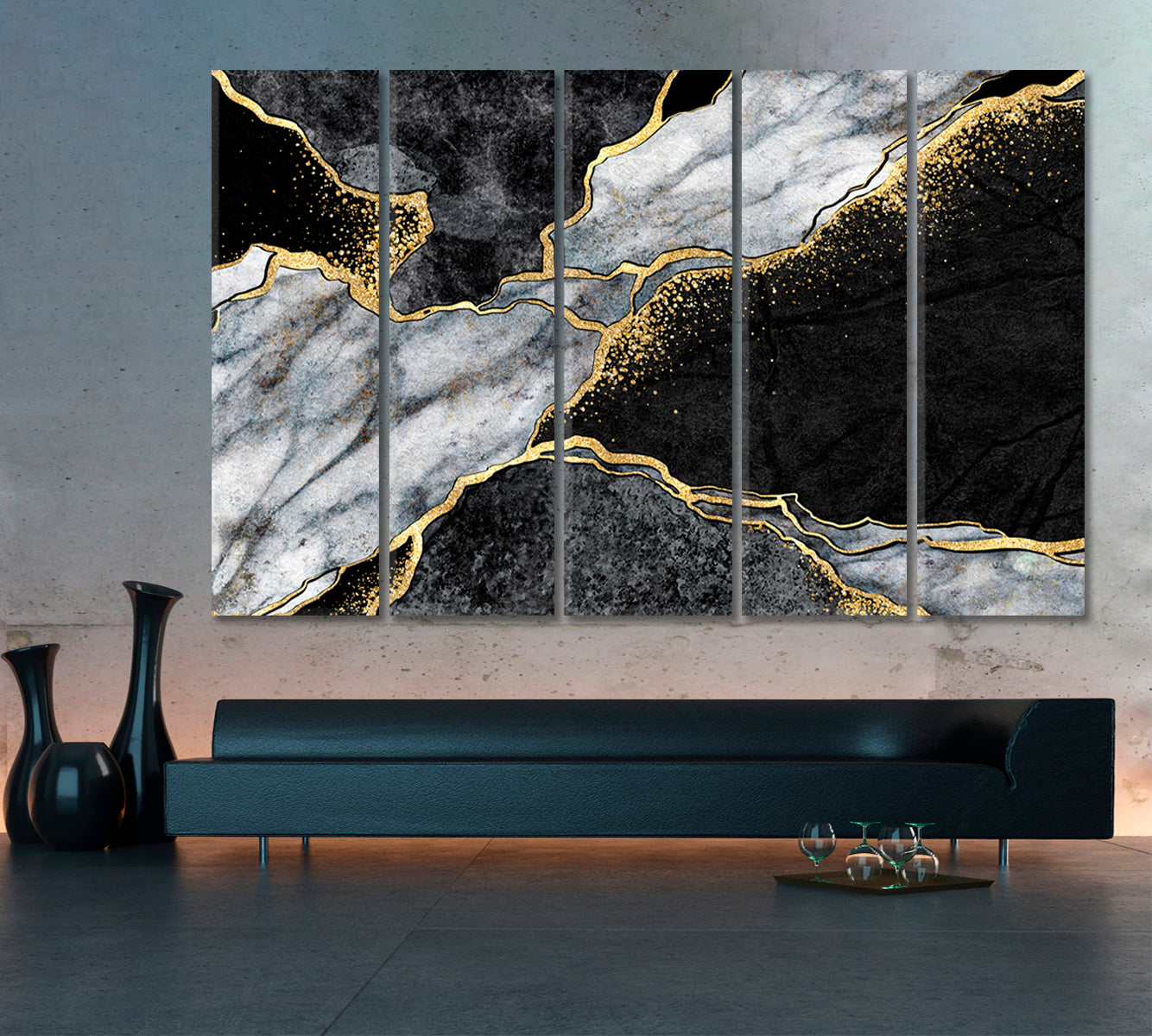 GRAY Marble Granite Gold Veins Abstract Giclée Print Fluid Art, Oriental Marbling Canvas Print Artesty 5 panels 36" x 24" 