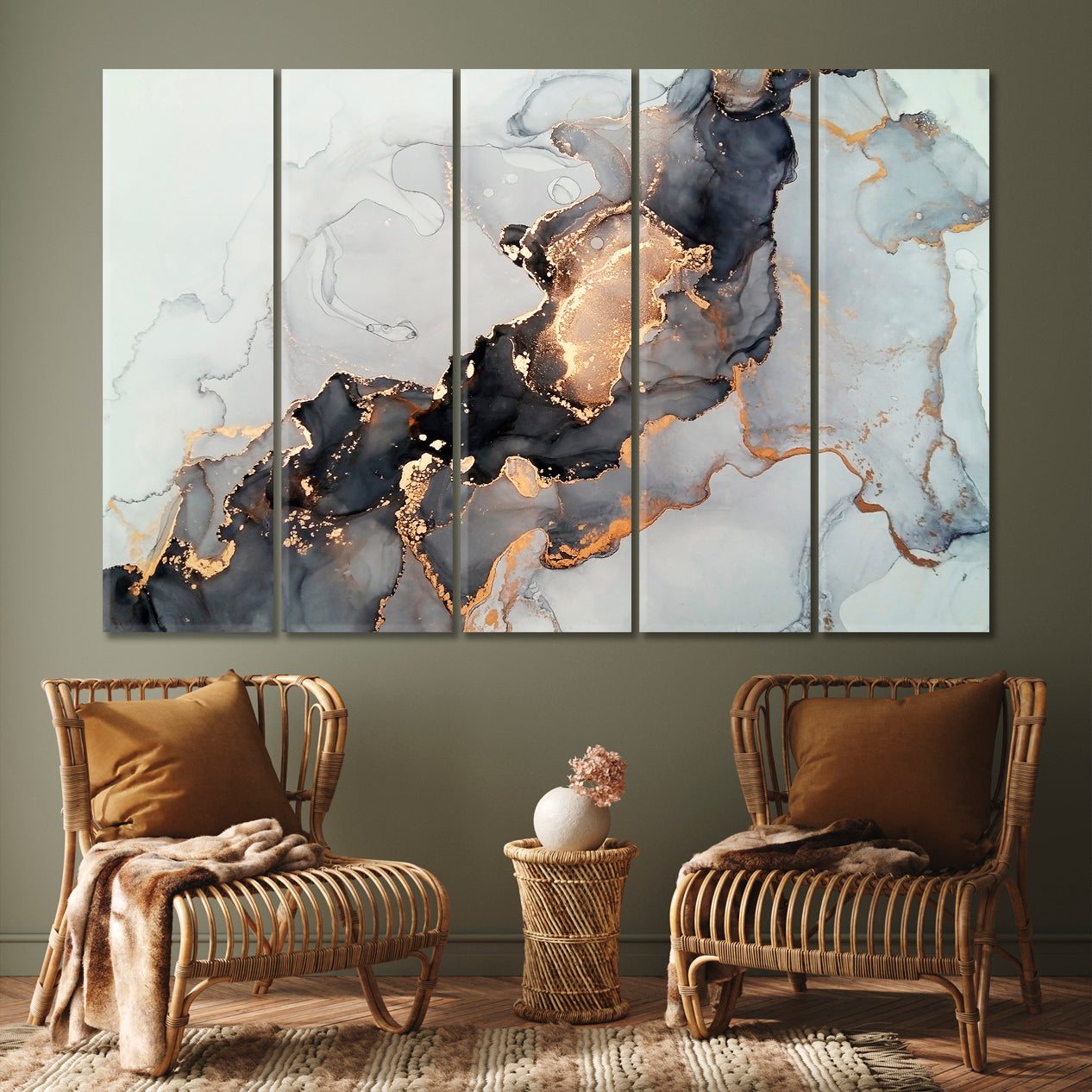 Luxury Abstract Fluid Art Alcohol Ink Technique Black Gold Effect Canvas Print Fluid Art, Oriental Marbling Canvas Print Artesty   