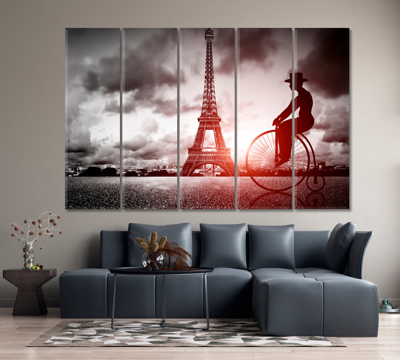 Man on a Retro Bicycle Eiffel Tower Paris France Black & White Vintage Canvas Print Vintage Affordable Canvas Print Artesty   