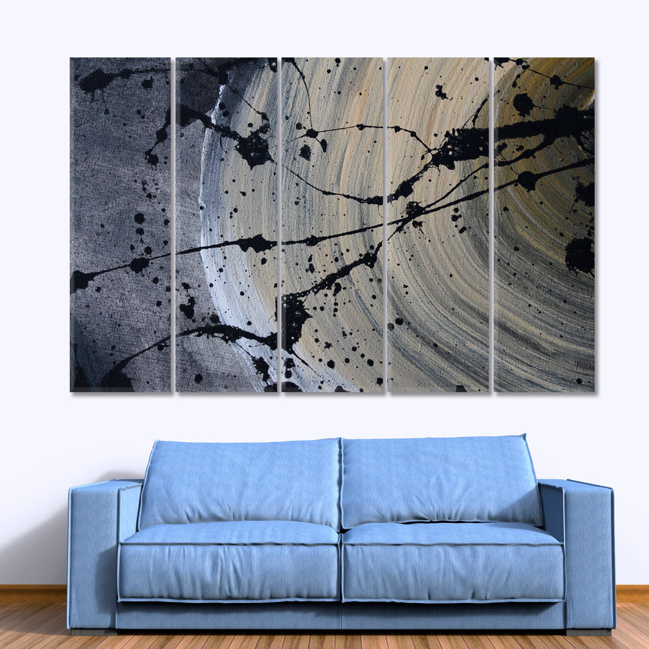 Black Splashes Wide Lines Gray Rough Tough Abstract Modern Art Abstract Art Print Artesty 5 panels 36" x 24" 