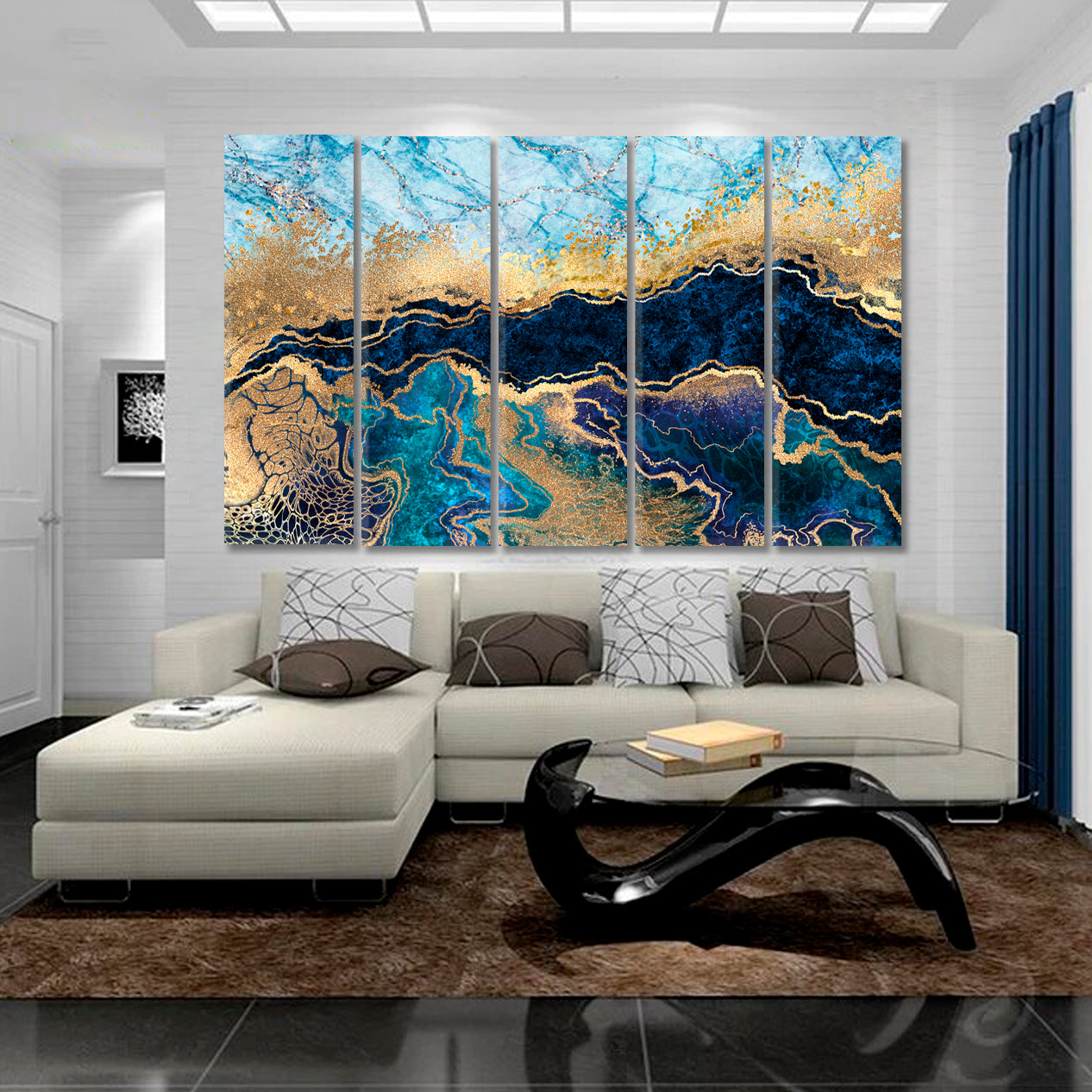 BLUE MARBLE Abstract Trendy Oriental Style Fluid Art, Oriental Marbling Canvas Print Artesty 5 panels 36" x 24" 