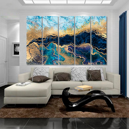 BLUE MARBLE Abstract Trendy Oriental Style Fluid Art, Oriental Marbling Canvas Print Artesty 5 panels 36" x 24" 