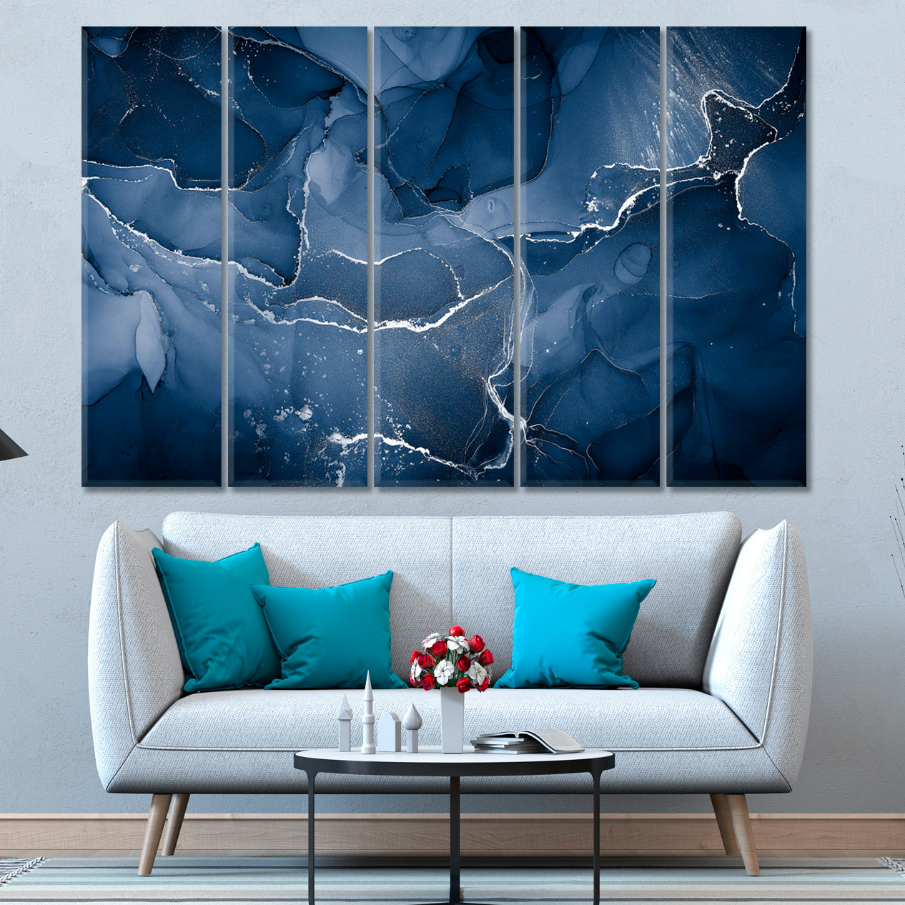 Beautiful Dark Blue Trendy Ink Translucent Marble Veining Powder Fluid Art, Oriental Marbling Canvas Print Artesty   