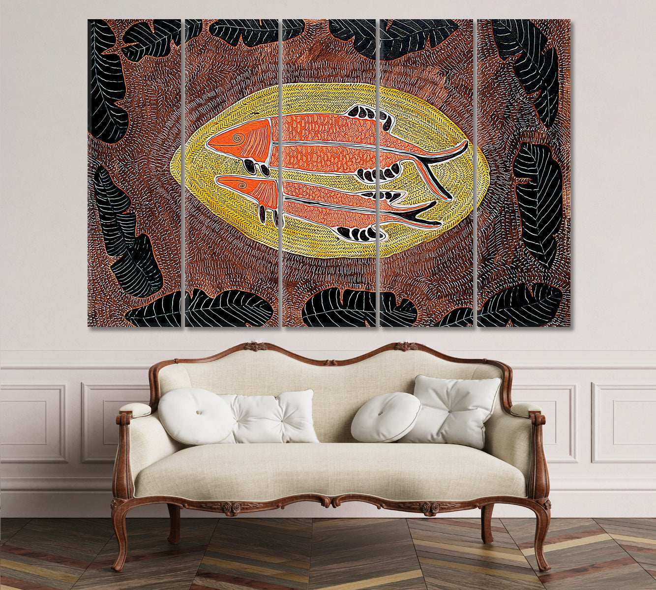 ARTIST'S MASTERPIECE Fish Abstract Modern Boho African Motifs Pattern Contemporary Art Artesty 5 panels 36" x 24" 