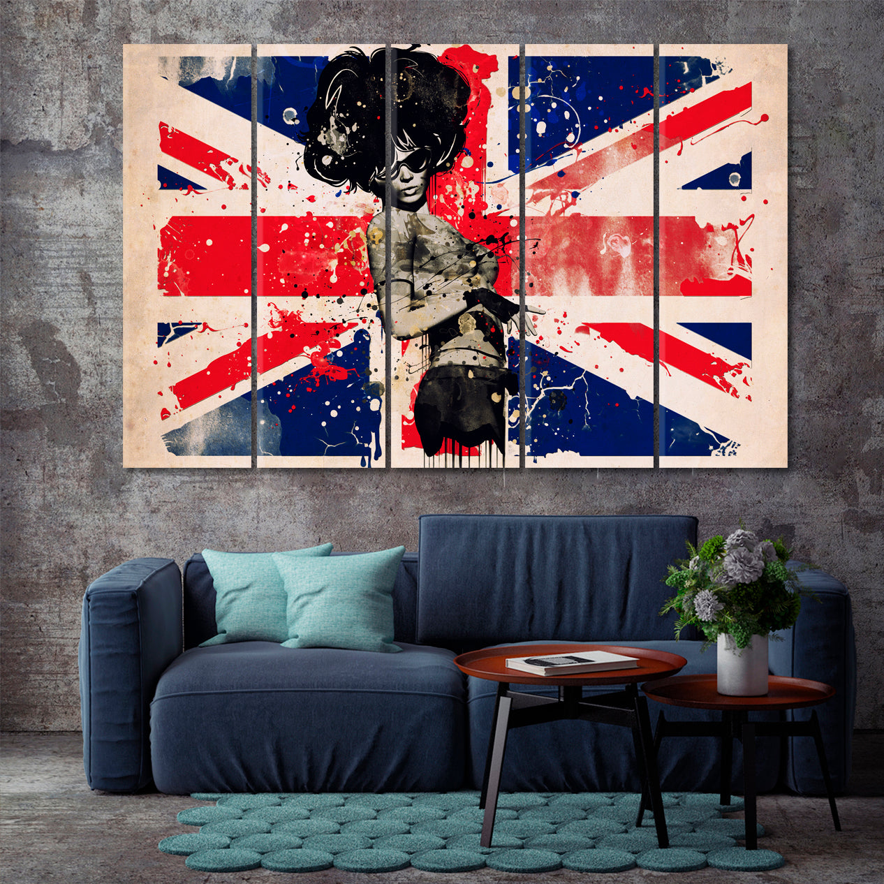 Fashion Woman British Flag Modern Grunge Style Posters, Flags Giclee Print Artesty 5 panels 36" x 24" 