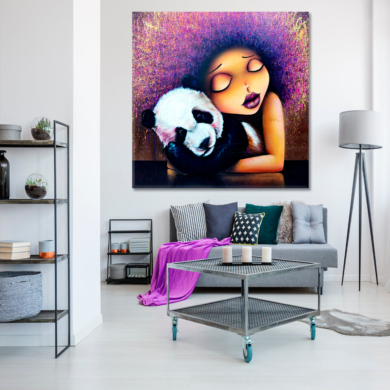 Girl & Panda Vinie and Doudou Graffiti Viniegraffiti Canvas Print | Square Panel Street Art Canvas Print Artesty   