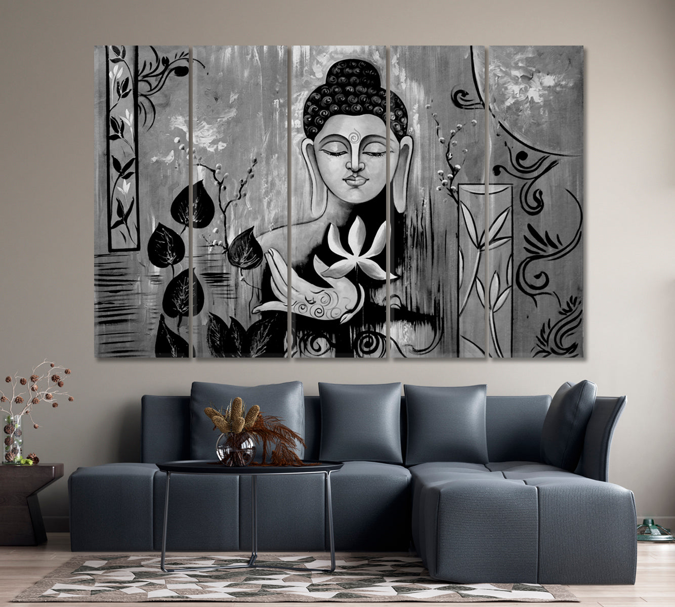 Spiritual Lord Buddha Meditate Black & White Religious Modern Art Artesty 5 panels 36" x 24" 