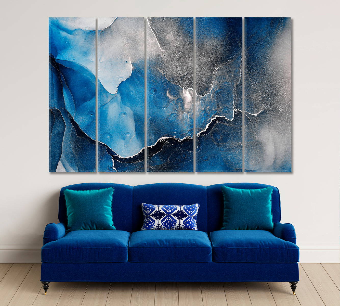 ABSTRACT SKY Translucent Dark Blue Ink Flow Black Gray Marble Veins Fluid Art, Oriental Marbling Canvas Print Artesty   