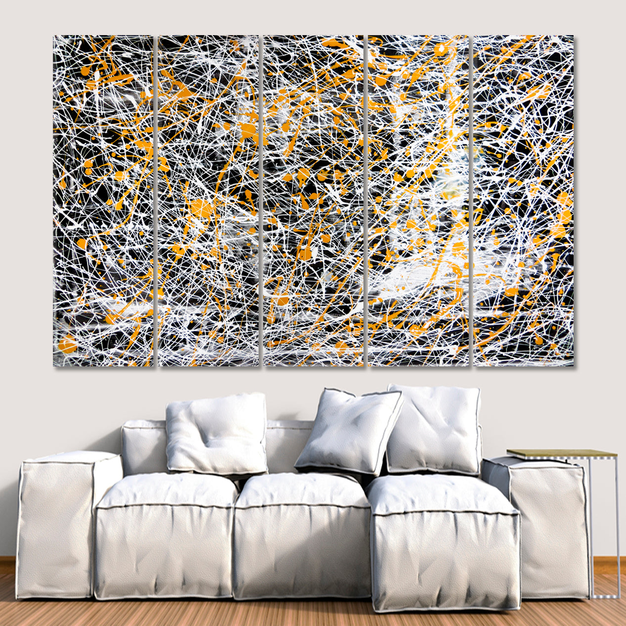 Abstract Drip White Black Yellow Modern Expressionist Contemporary Art Artesty 5 panels 36" x 24" 