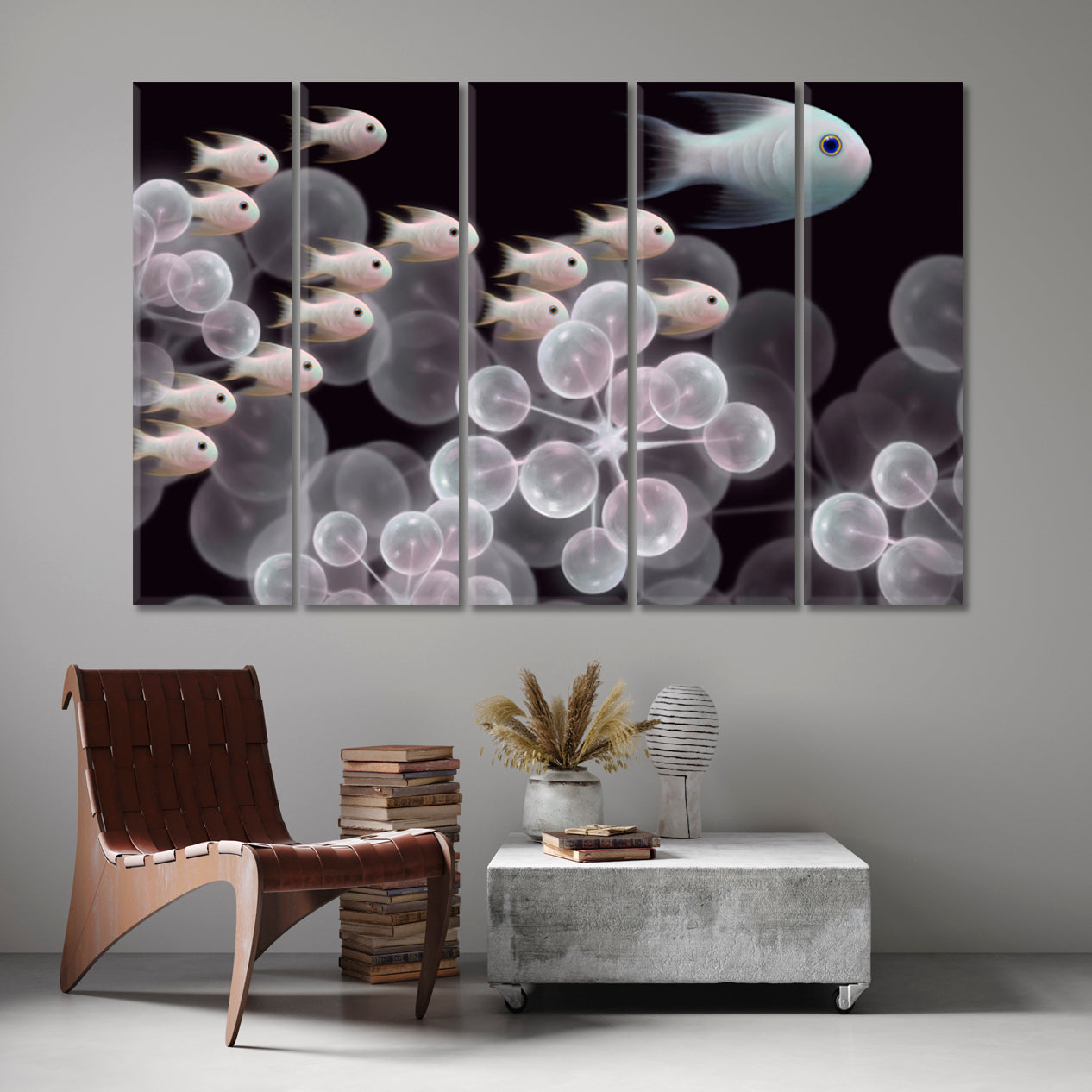 INNER UNIVERSE Live Organism Molecules And Schooling Fish Abstract Fantasy Nautical, Sea Life Pattern Art Artesty 5 panels 36" x 24" 