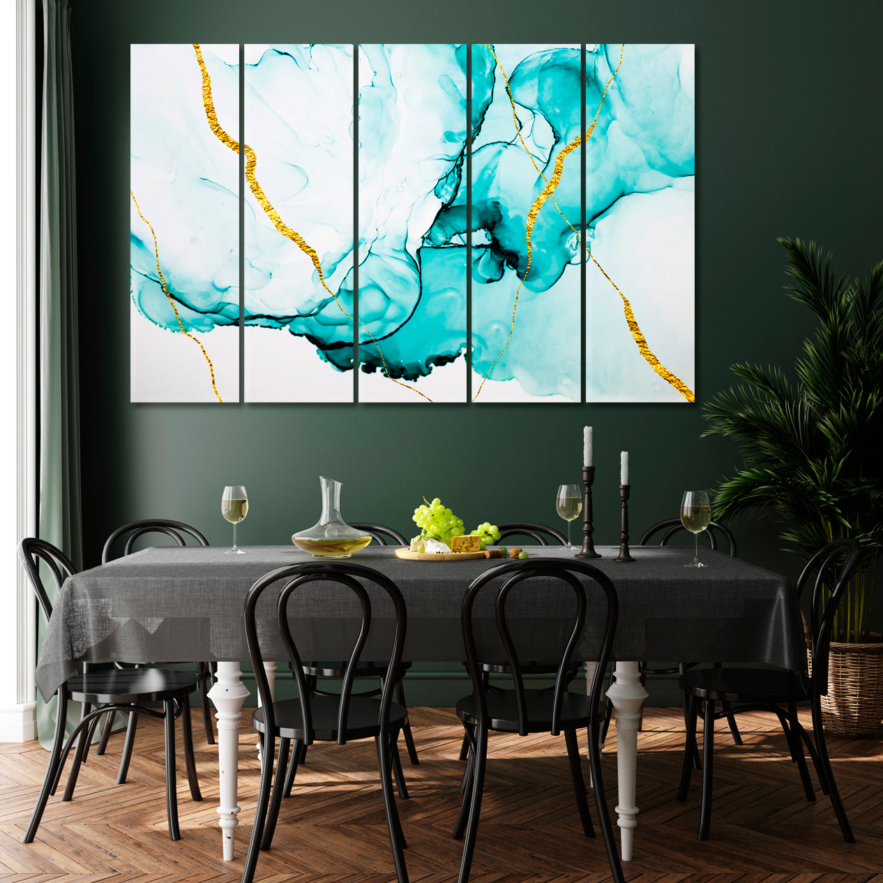 SMOCK IN MOTION Green Blue Gold Ink In Water Natural Luxury Marble Fluid Art, Oriental Marbling Canvas Print Artesty 5 panels 36" x 24" 