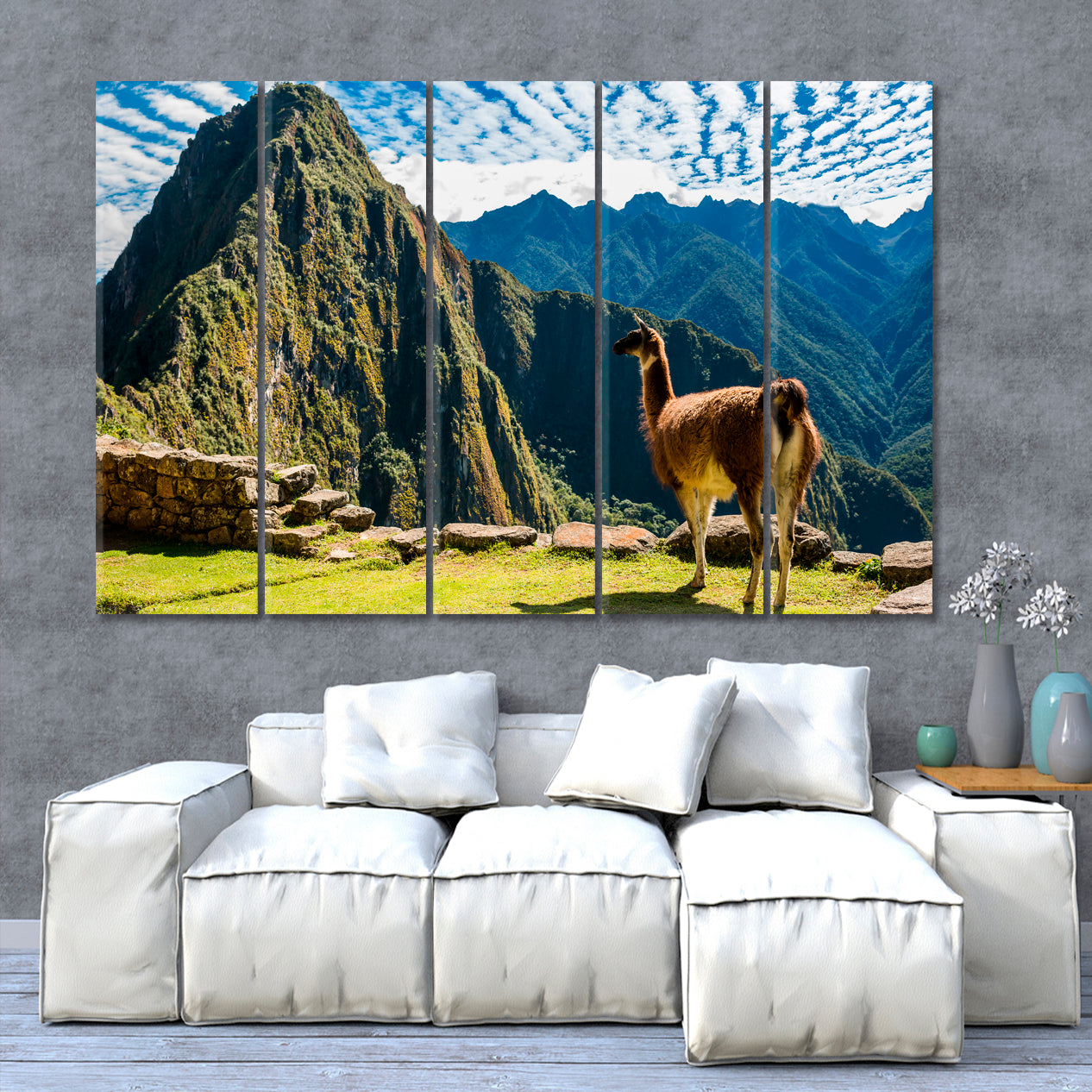Seven World Wonders Machu Picchu Peru Mountain Ridge Lama Famous Landmarks Artwork Print Artesty 5 panels 36" x 24" 