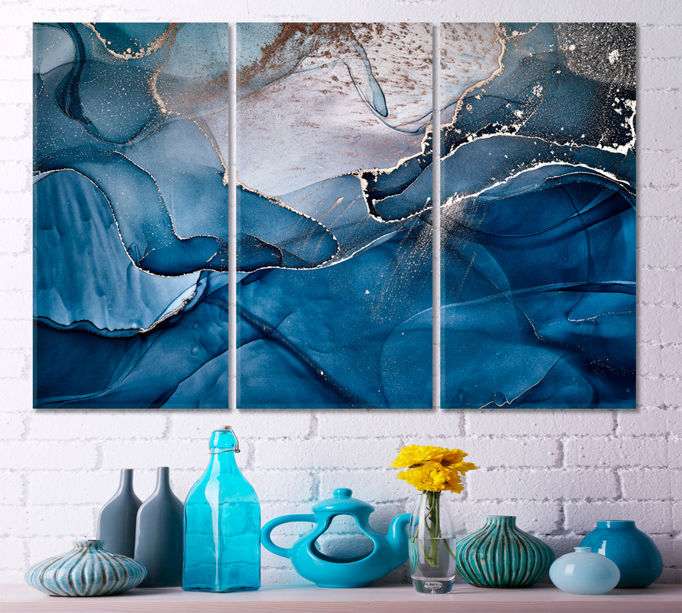 Alcohol Ink Abstract Blue Marble Pattern Modern Fluid Art Fluid Art, Oriental Marbling Canvas Print Artesty   