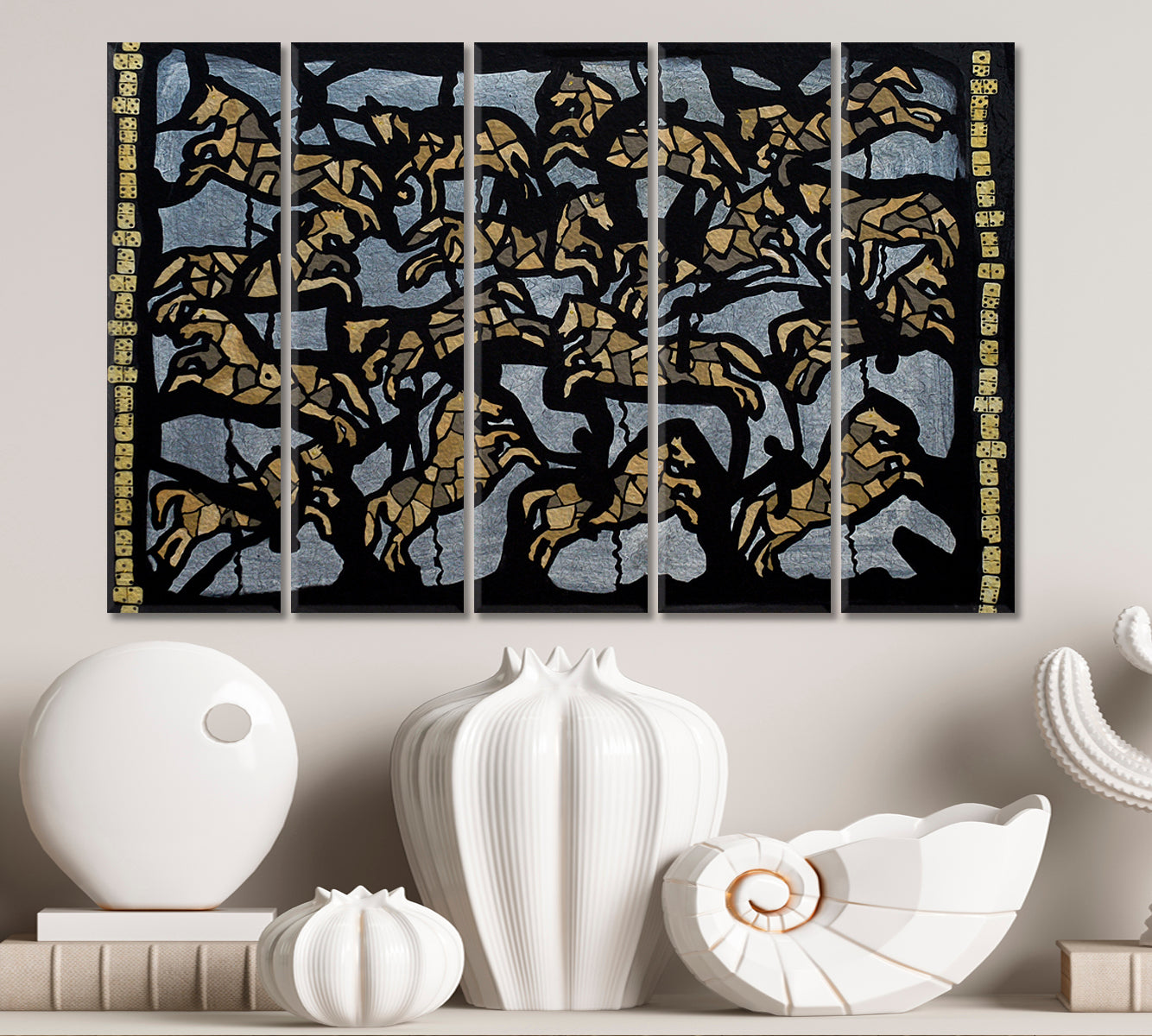 HORSES Abstract Contemporary Ornaments Masterpiece Boho Style Art Contemporary Art Artesty 5 panels 36" x 24" 