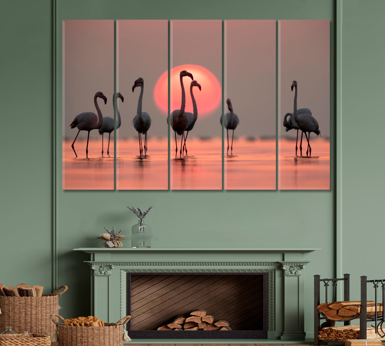 Asker Coast Greater Flamingos Amazing Coral Hue Sunset Dramatic Sky Wild Life Framed Art Artesty   