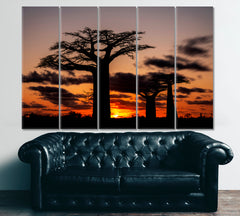 African Landscape Night View Huge Baobabs Nature Wall Canvas Print Artesty 5 panels 36" x 24" 