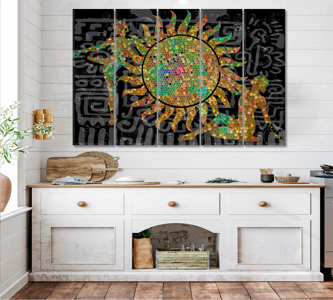 SOLAR ENERGY Constructive Abstract Figurative Boho Pattern Collage Contemporary Art Artesty 5 panels 36" x 24" 