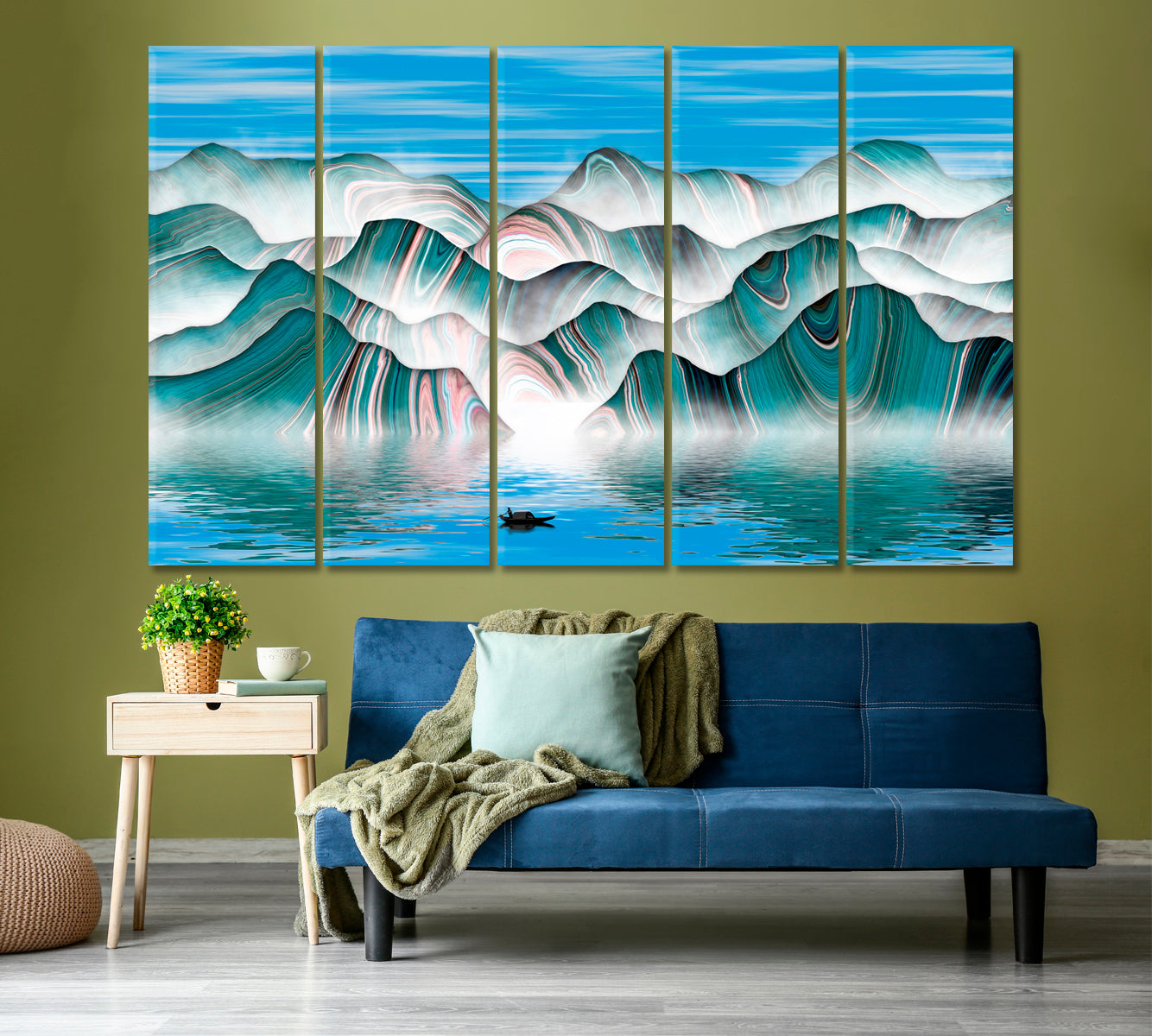 ABSTRACT LANDSCAPE Ink Painting Abstract Mountain Lines Shapes Forms Contemporary Art Artesty 5 panels 36" x 24" 