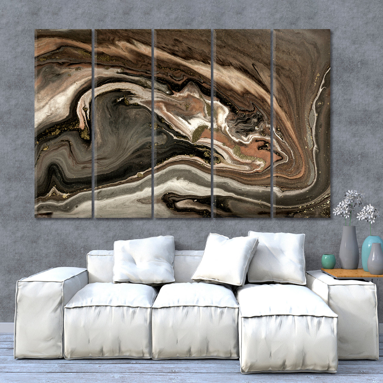 GOLD AGATE RIPPLE Marble Abstract Acrylic Swirls Fluid Art, Oriental Marbling Canvas Print Artesty 5 panels 36" x 24" 