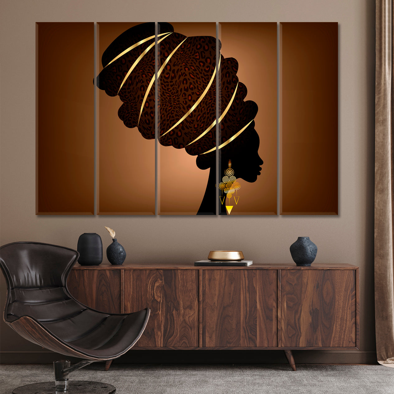 Ethnic African Lady Turban Brown Gold African Style Canvas Print Artesty 5 panels 36" x 24" 