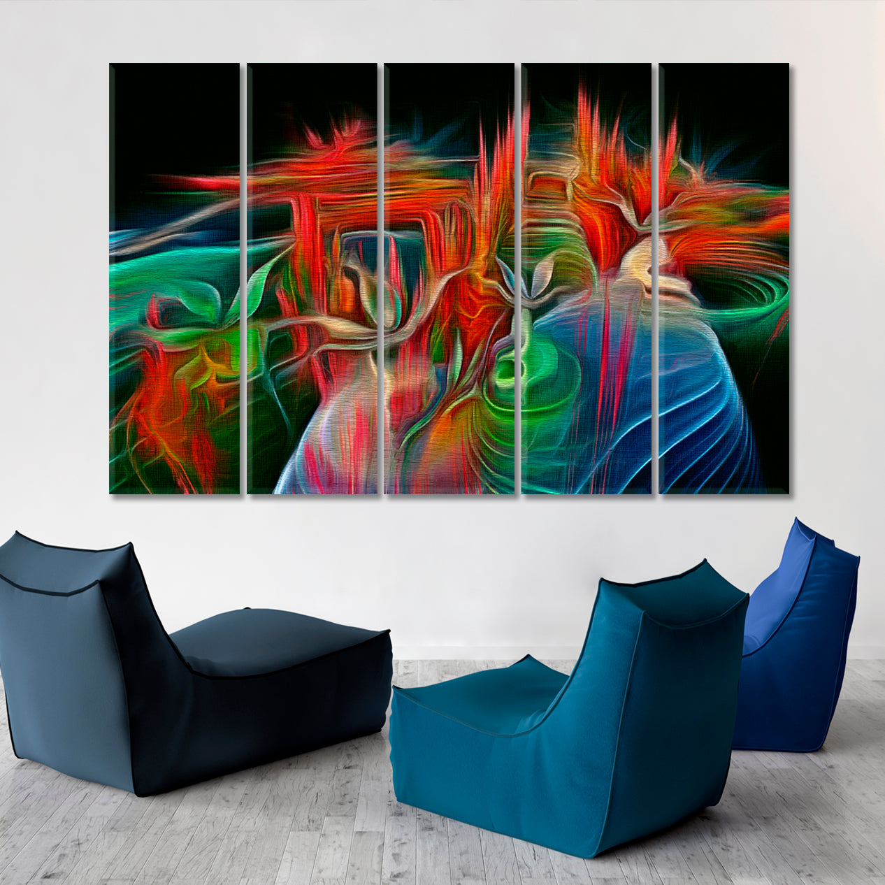 Abstract Fractal Psychedelic Shape Red Blue Green Modern Art Abstract Art Print Artesty 5 panels 36" x 24" 