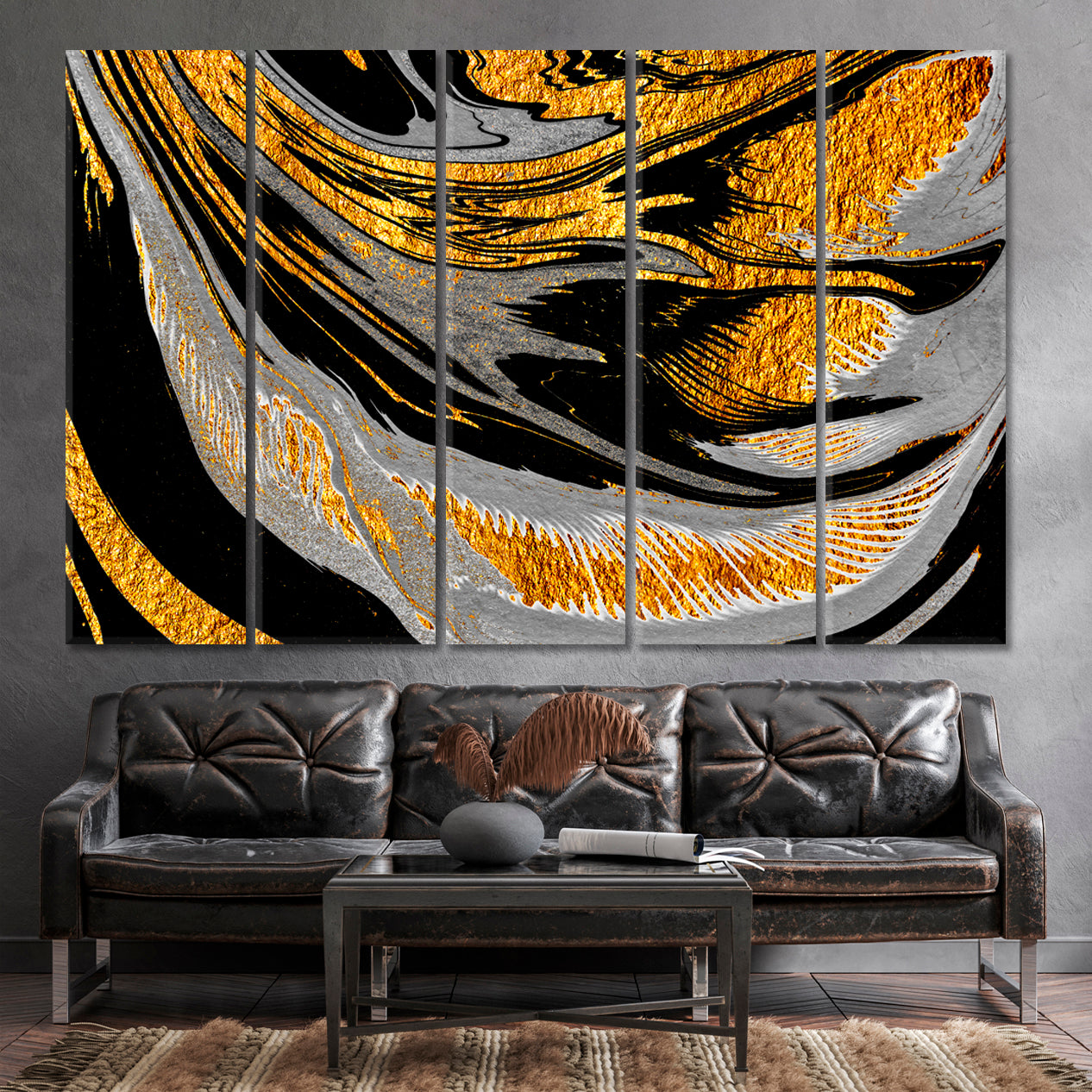 Bright Black Grey Gold Swirls Oriental Suminagashi Japanese Marble Fluid Art, Oriental Marbling Canvas Print Artesty 5 panels 36" x 24" 