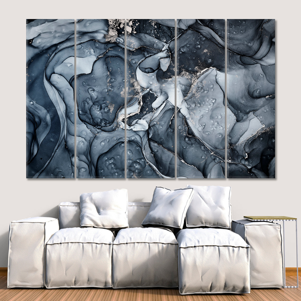 Trendy Blue Gray Alcohol Ink Colors Translucent Marble Fluid Art, Oriental Marbling Canvas Print Artesty   