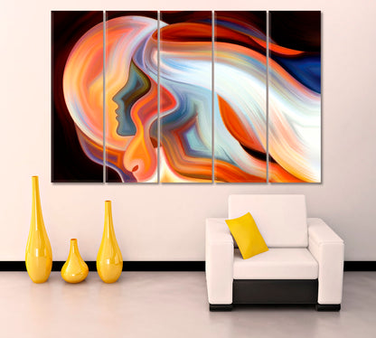 MOON AND HUMAN SILOUETTS Orange On Black Modern Art Contemporary Art Artesty 5 panels 36" x 24" 